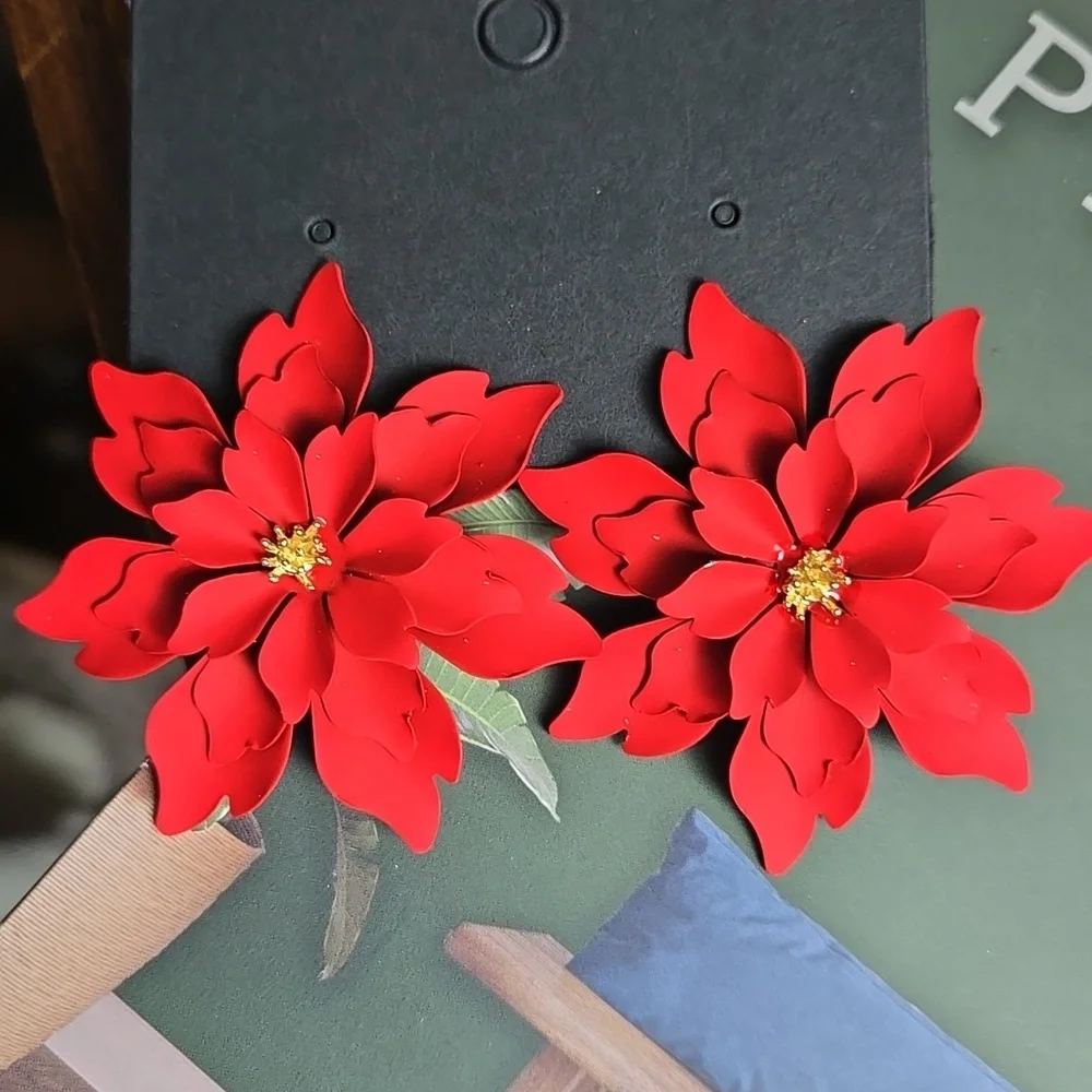 Red Floral Earrings Metal Flower Earrings